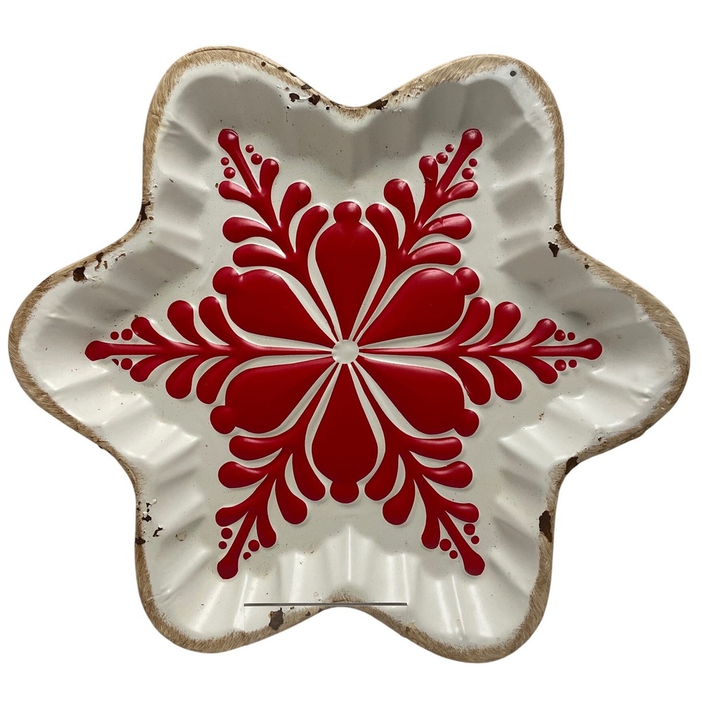 Rustic Red and White Metal Snowflake Tray Distressed Holiday Decor 11.5 Inch